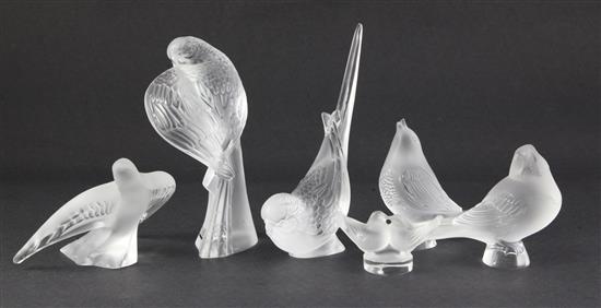 A group of six Lalique Cristal figures of birds, 7cm (2.75in.) - 16cm (6.25in.)